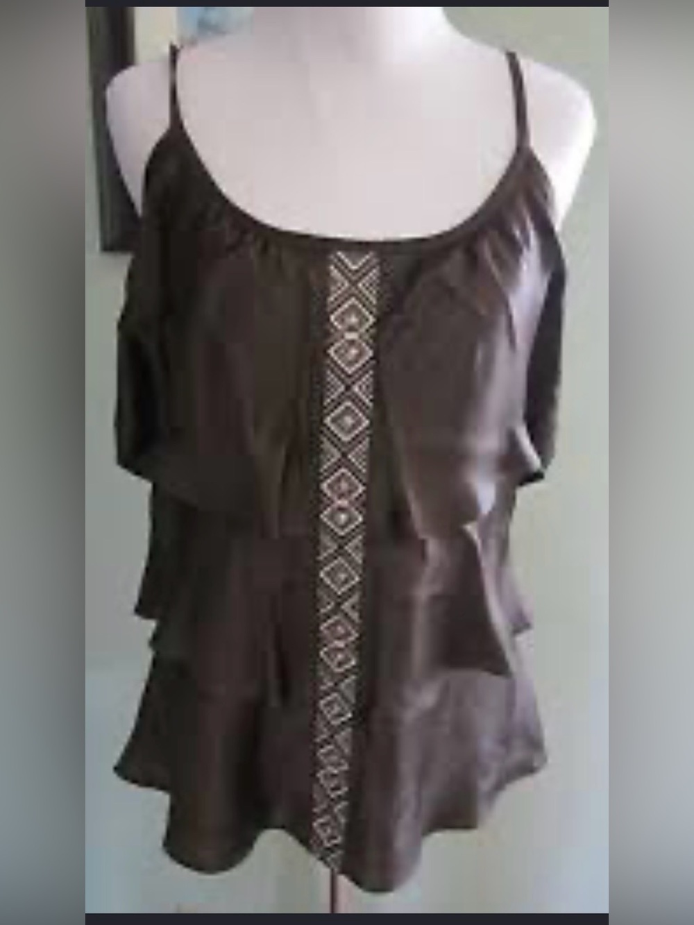 White House Black Market Espresso Brown Embroidered Ruffled Silk Top Tank